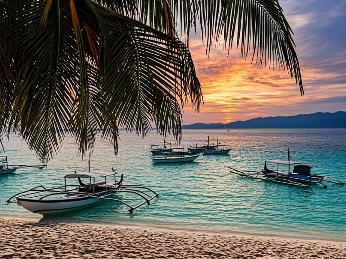 Outrigger boats on turquoise water at a pink sunset