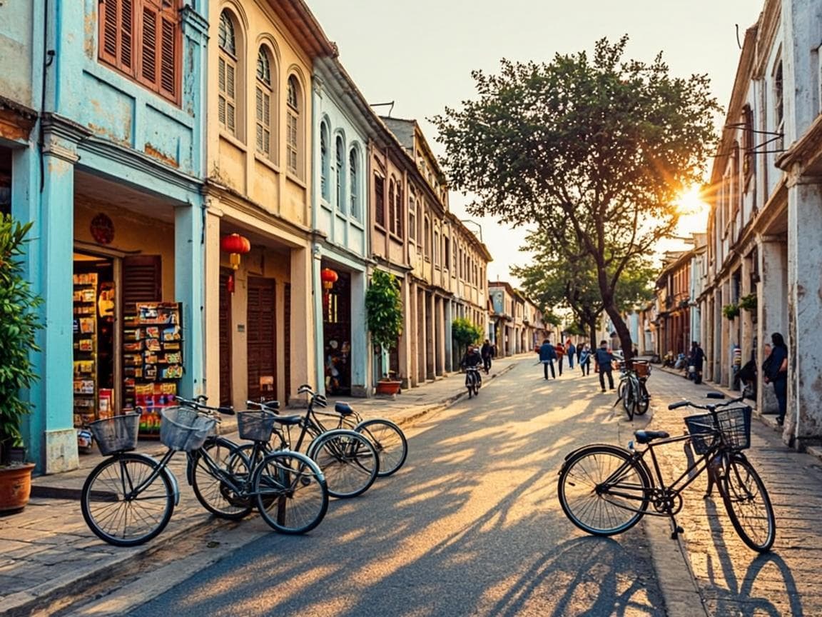 Pastel colonial-era shophouses on a golden-hour street
