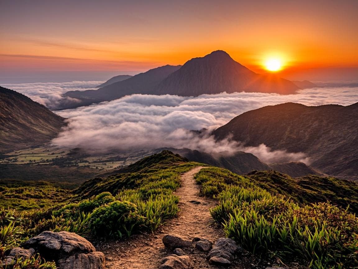 Volcanic ridges rising above a sea of clouds at sunrise